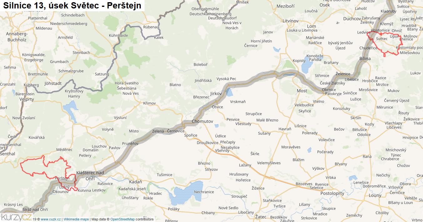 Úsek Světec - Perštejn, Silnice 13 - Mapa