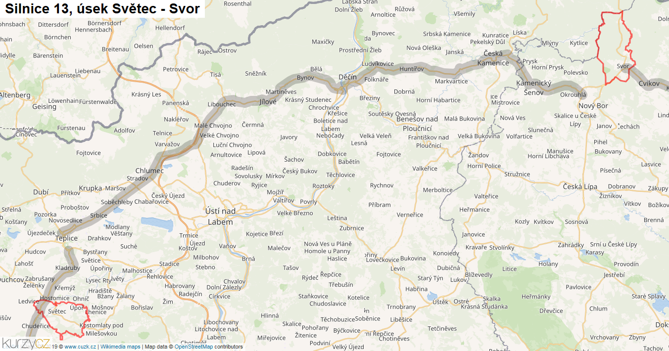 Úsek Světec - Svor, Silnice 13 - Mapa