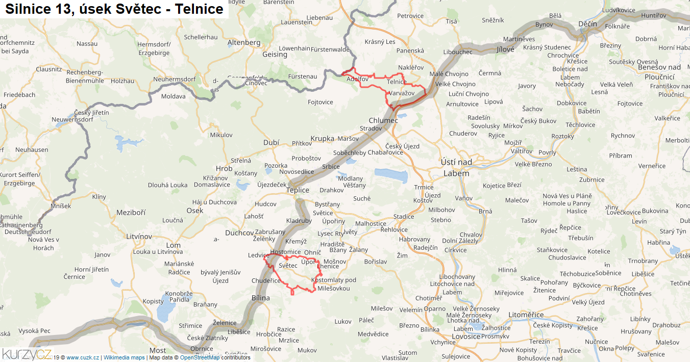Úsek Světec - Telnice, Silnice 13 - Mapa