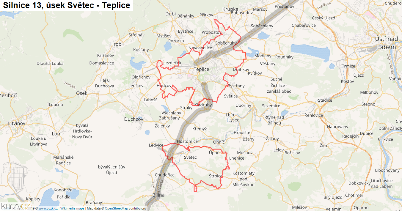 Úsek Světec - Teplice, Silnice 13 - Mapa