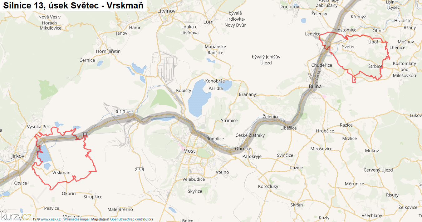 Úsek Světec - Vrskmaň, Silnice 13 - Mapa