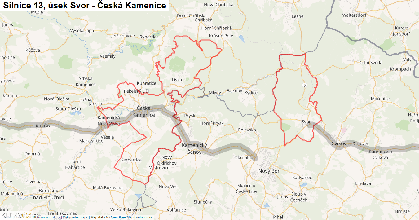 Úsek Svor - Česká Kamenice, Silnice 13 - Mapa
