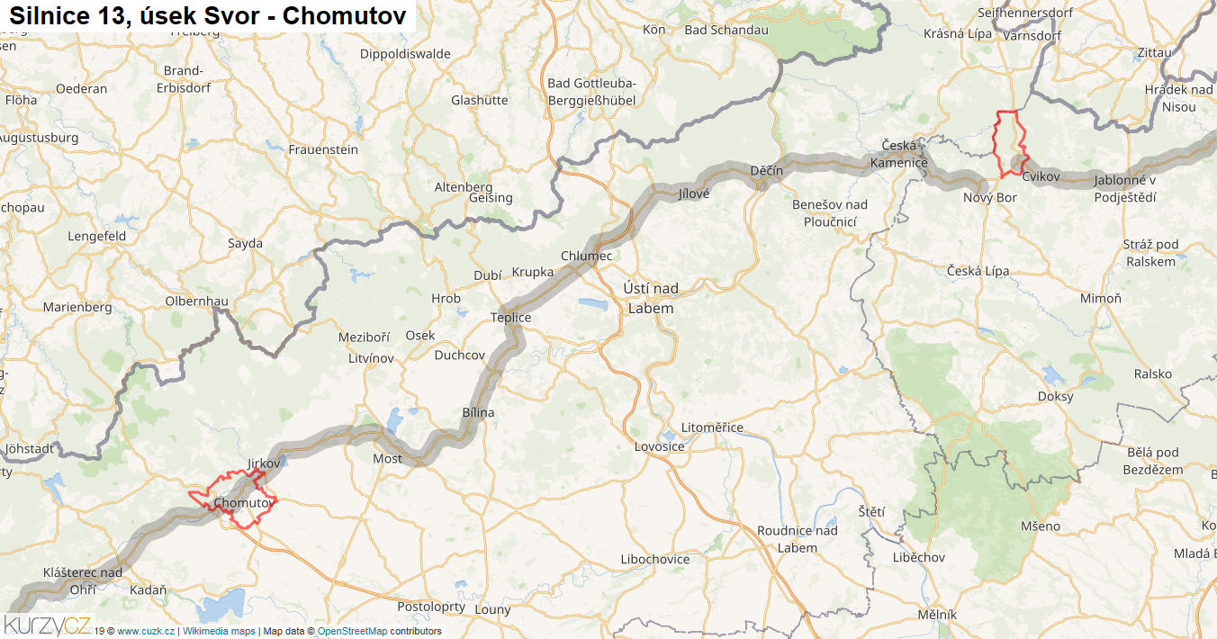 Úsek Svor - Chomutov, Silnice 13 - Mapa