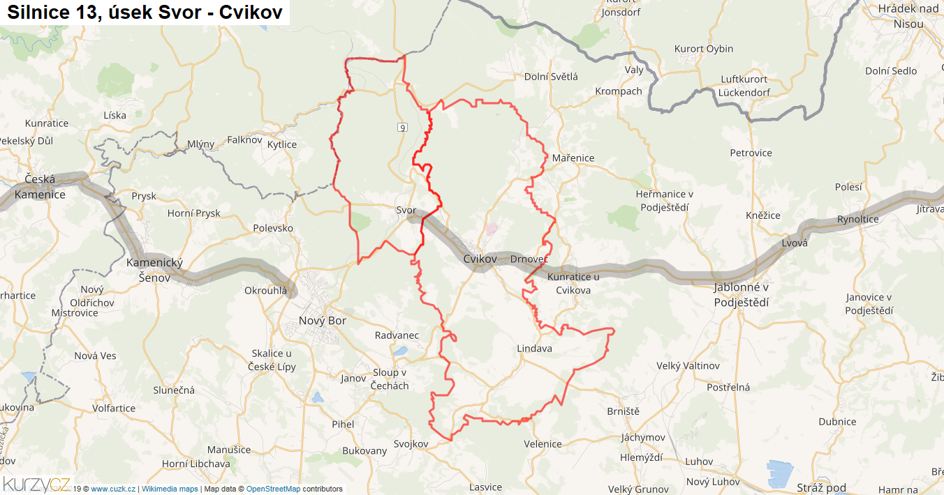 Úsek Svor - Cvikov, Silnice 13 - Mapa