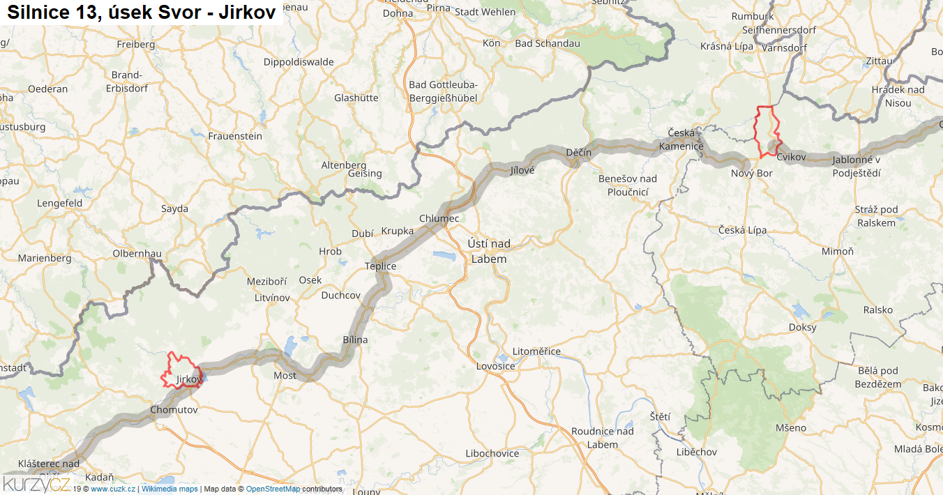 Úsek Svor - Jirkov, Silnice 13 - Mapa