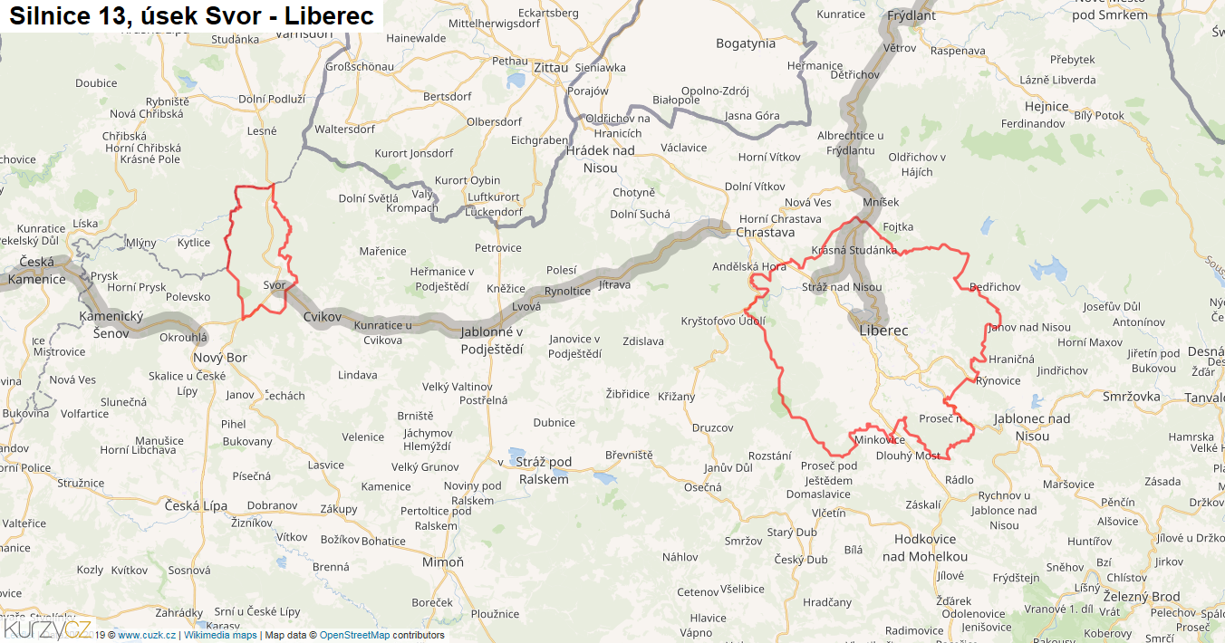 Úsek Svor - Liberec, Silnice 13 - Mapa