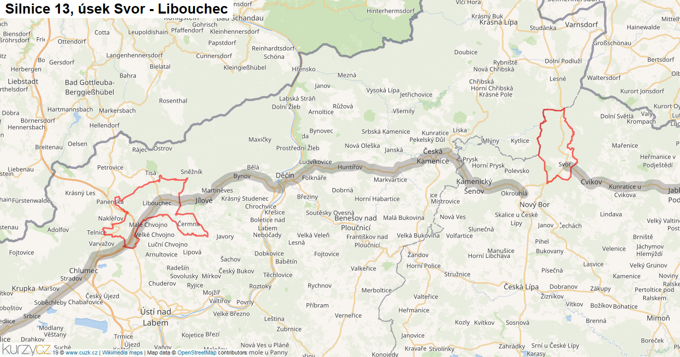 Úsek Svor - Libouchec, Silnice 13 - Mapa