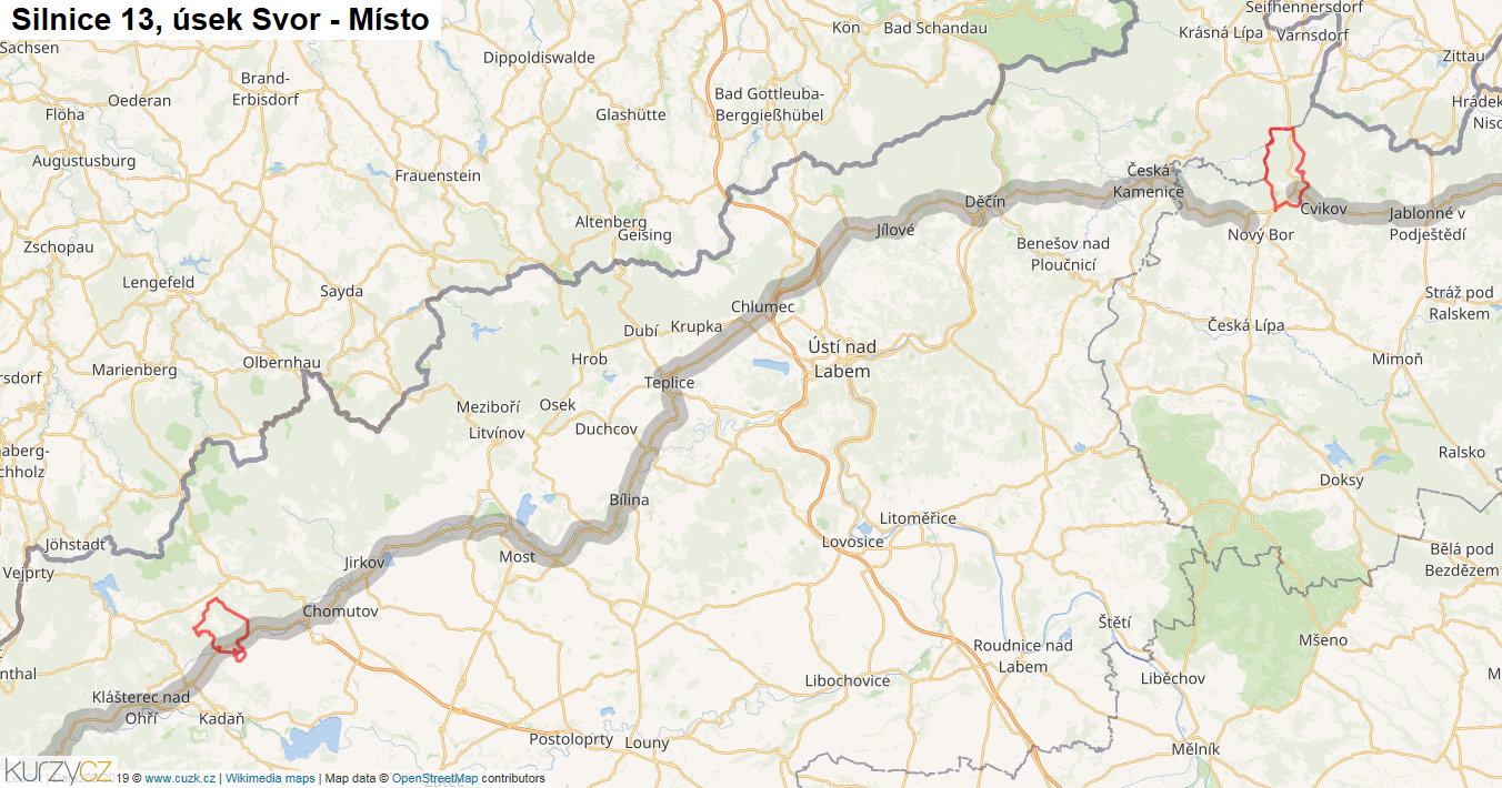 Úsek Svor - Místo, Silnice 13 - Mapa