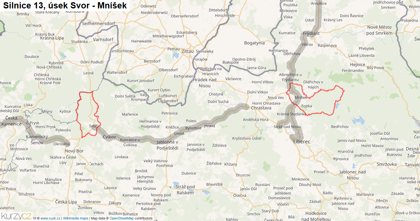Úsek Svor - Mníšek, Silnice 13 - Mapa