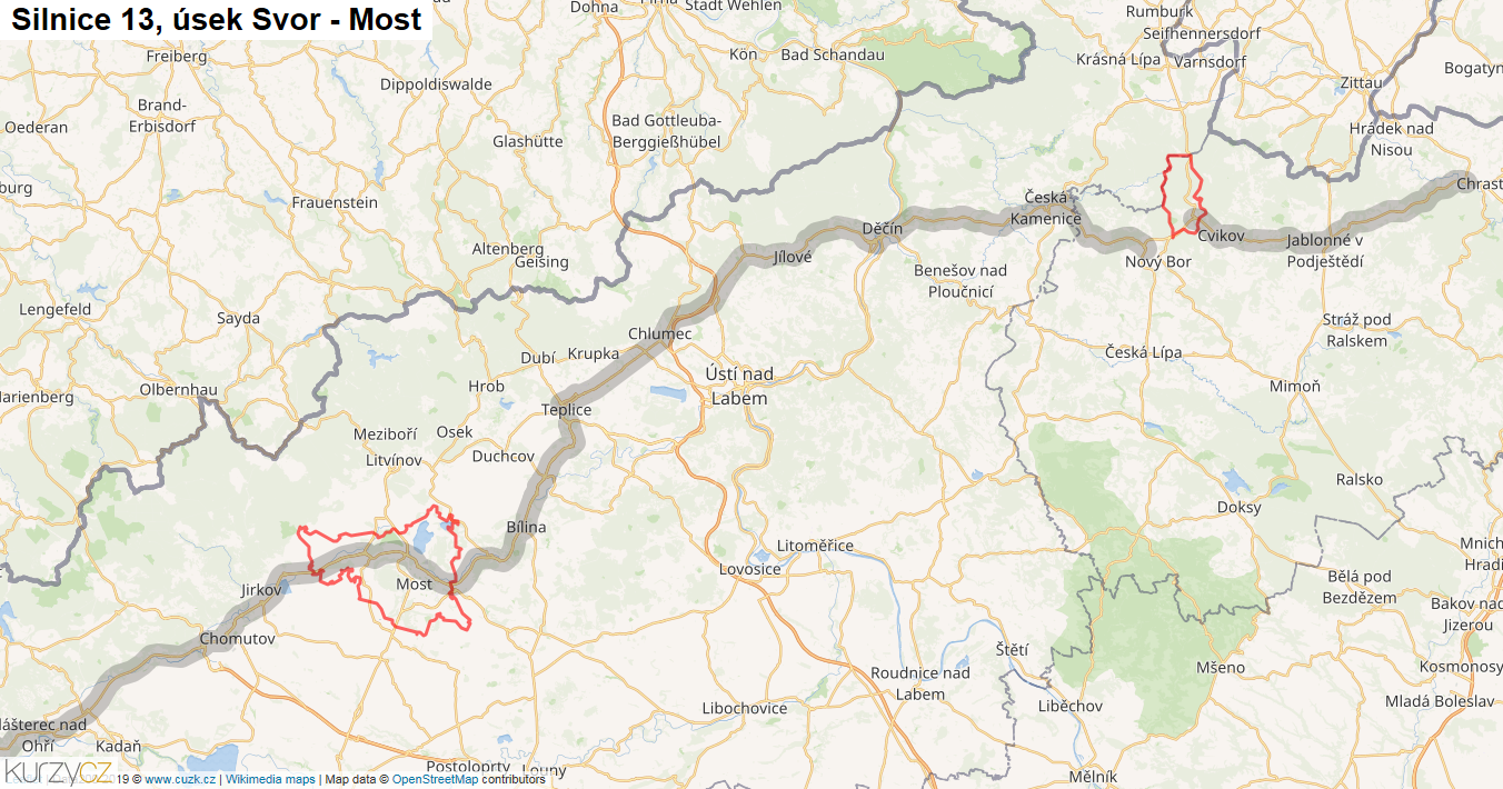 Úsek Svor - Most, Silnice 13 - Mapa