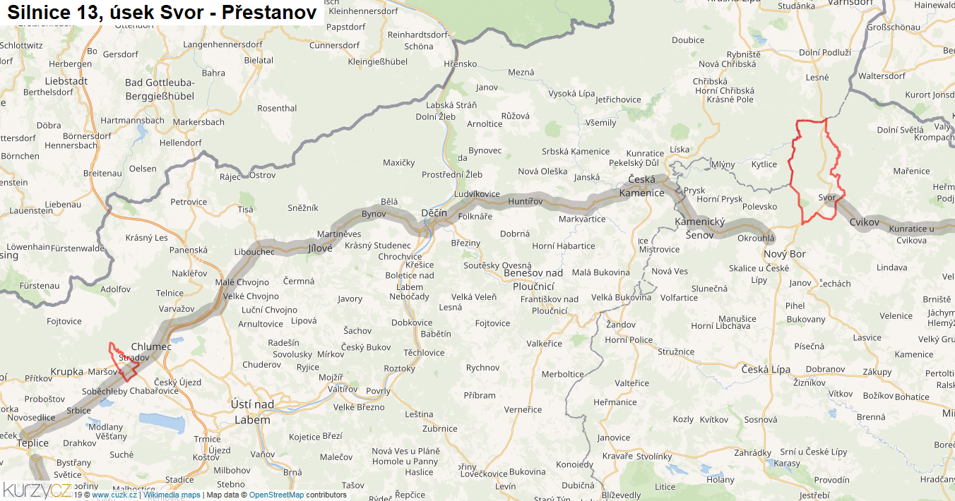 Úsek Svor - Přestanov, Silnice 13 - Mapa