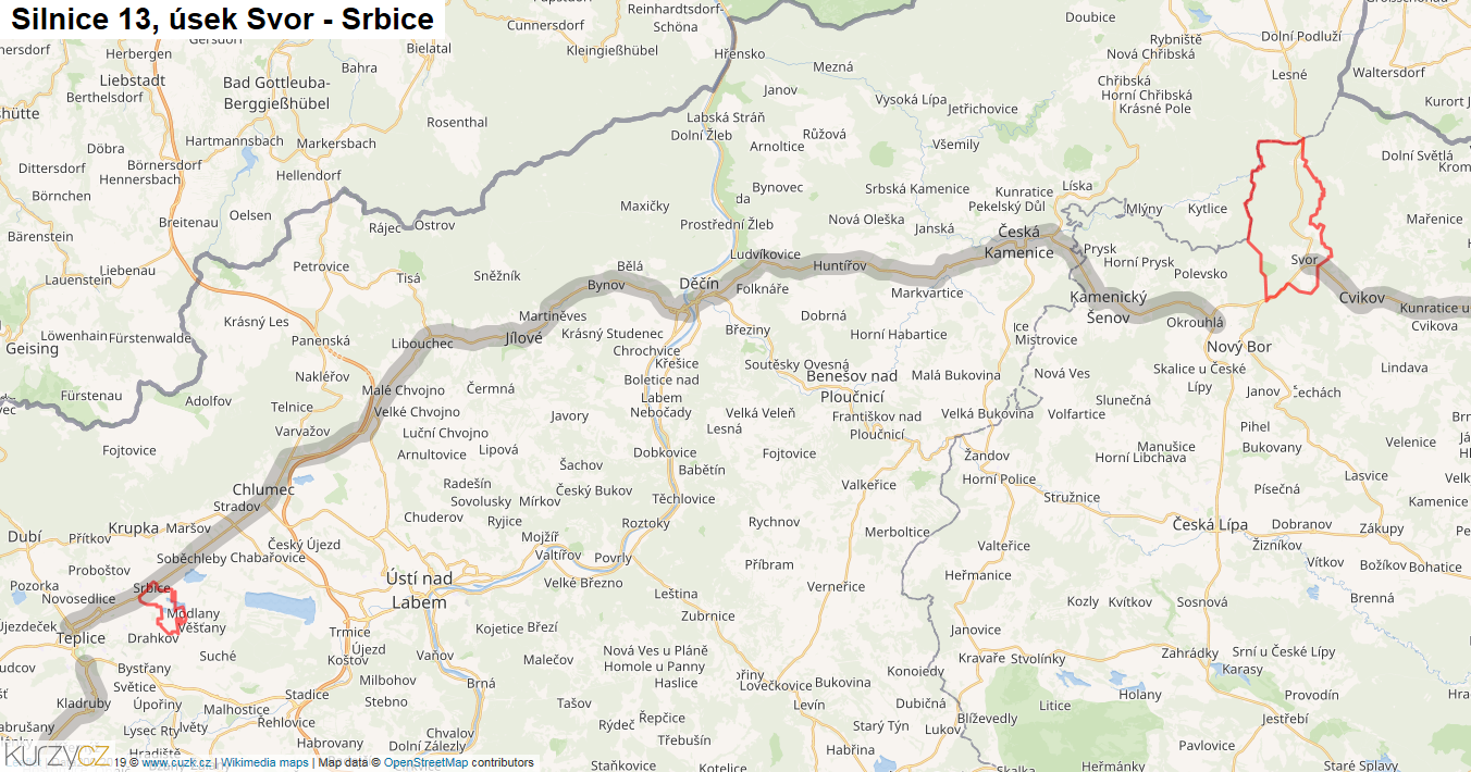 Úsek Svor - Srbice, Silnice 13 - Mapa