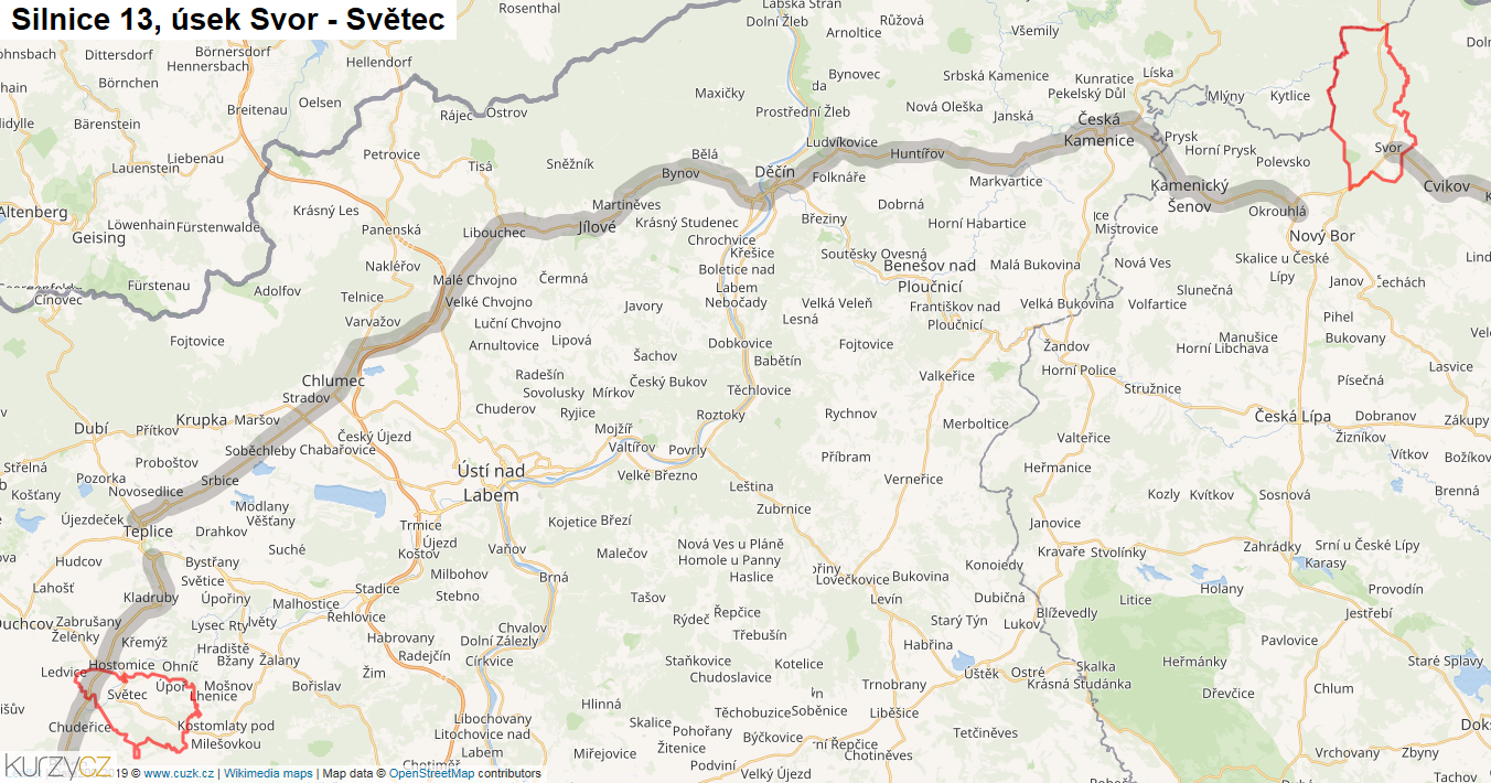 Úsek Svor - Světec, Silnice 13 - Mapa