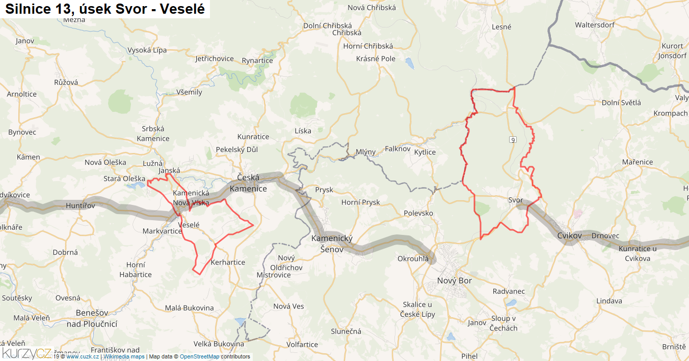 Úsek Svor - Veselé, Silnice 13 - Mapa