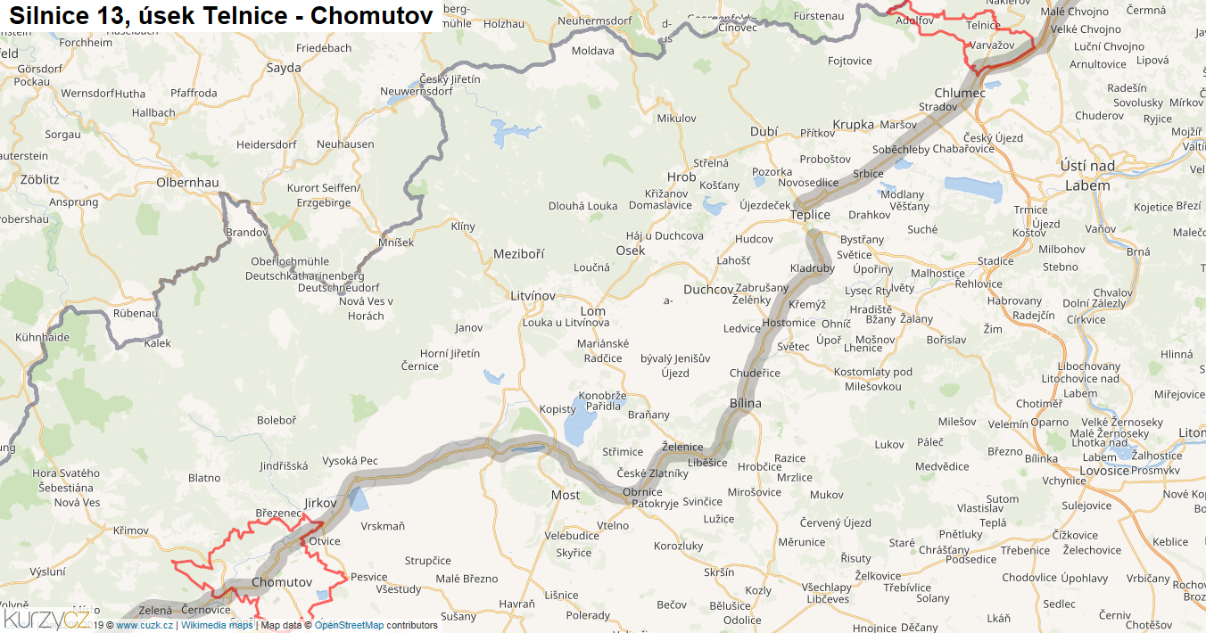 Úsek Telnice - Chomutov, Silnice 13 - Mapa