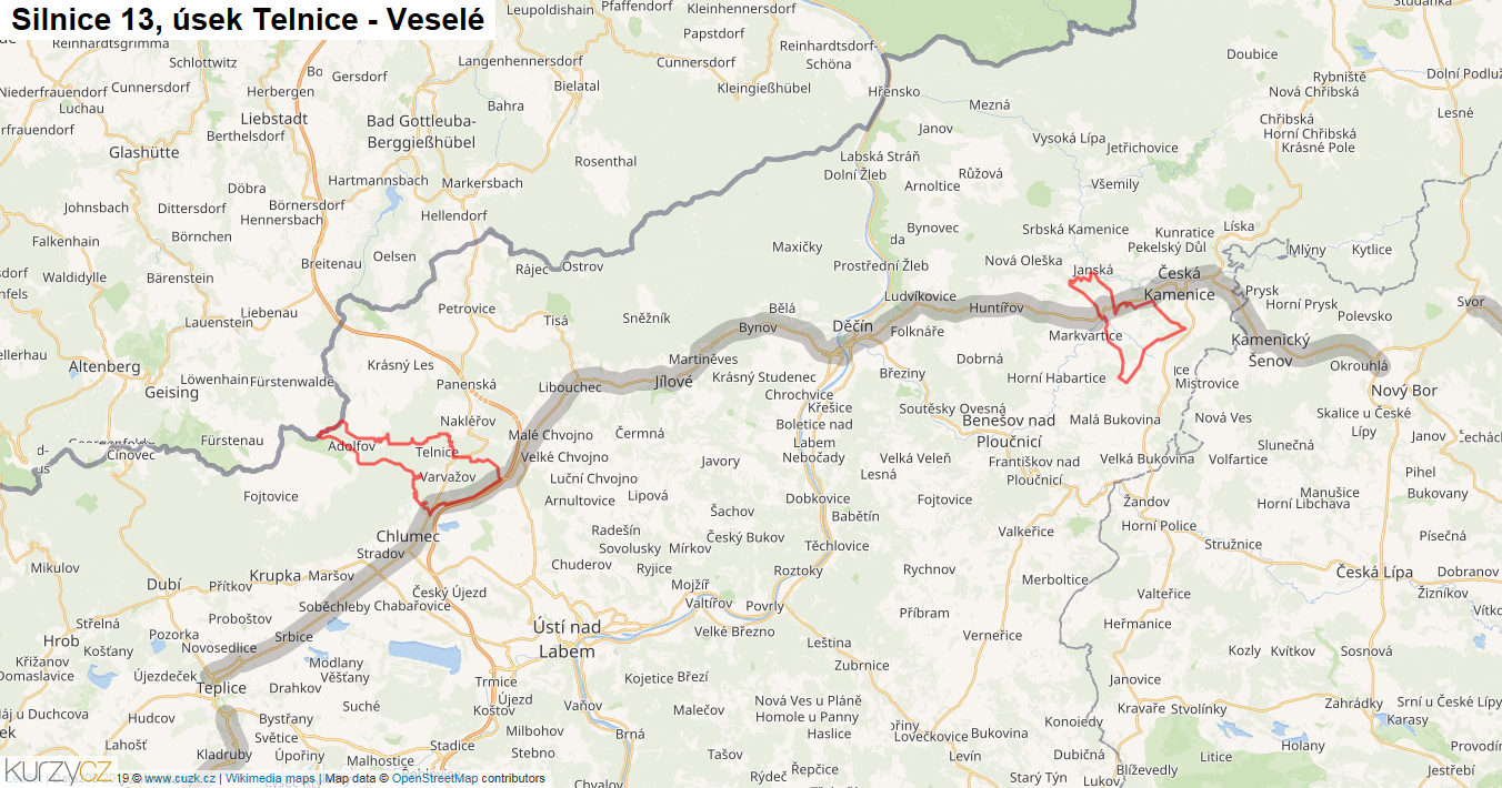 Úsek Telnice - Veselé, Silnice 13 - Mapa