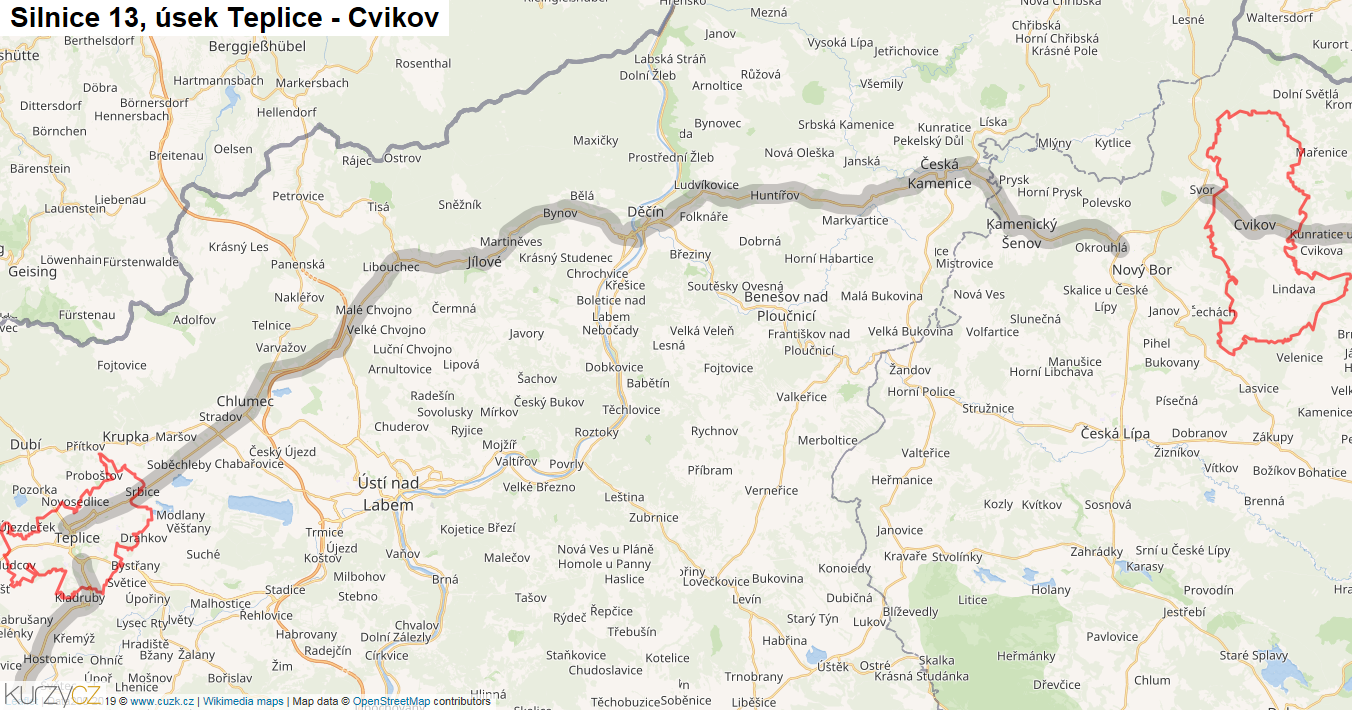 Úsek Teplice - Cvikov, Silnice 13 - Mapa