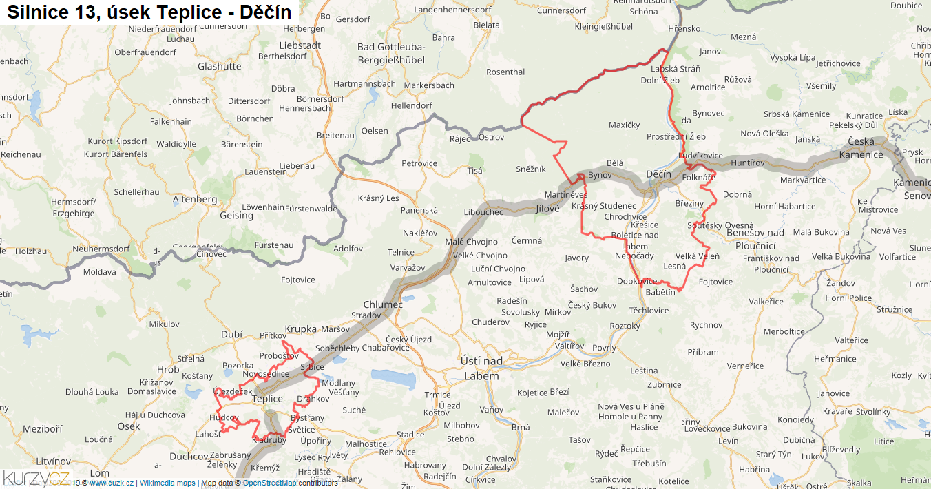 Úsek Teplice - Děčín, Silnice 13 - Mapa