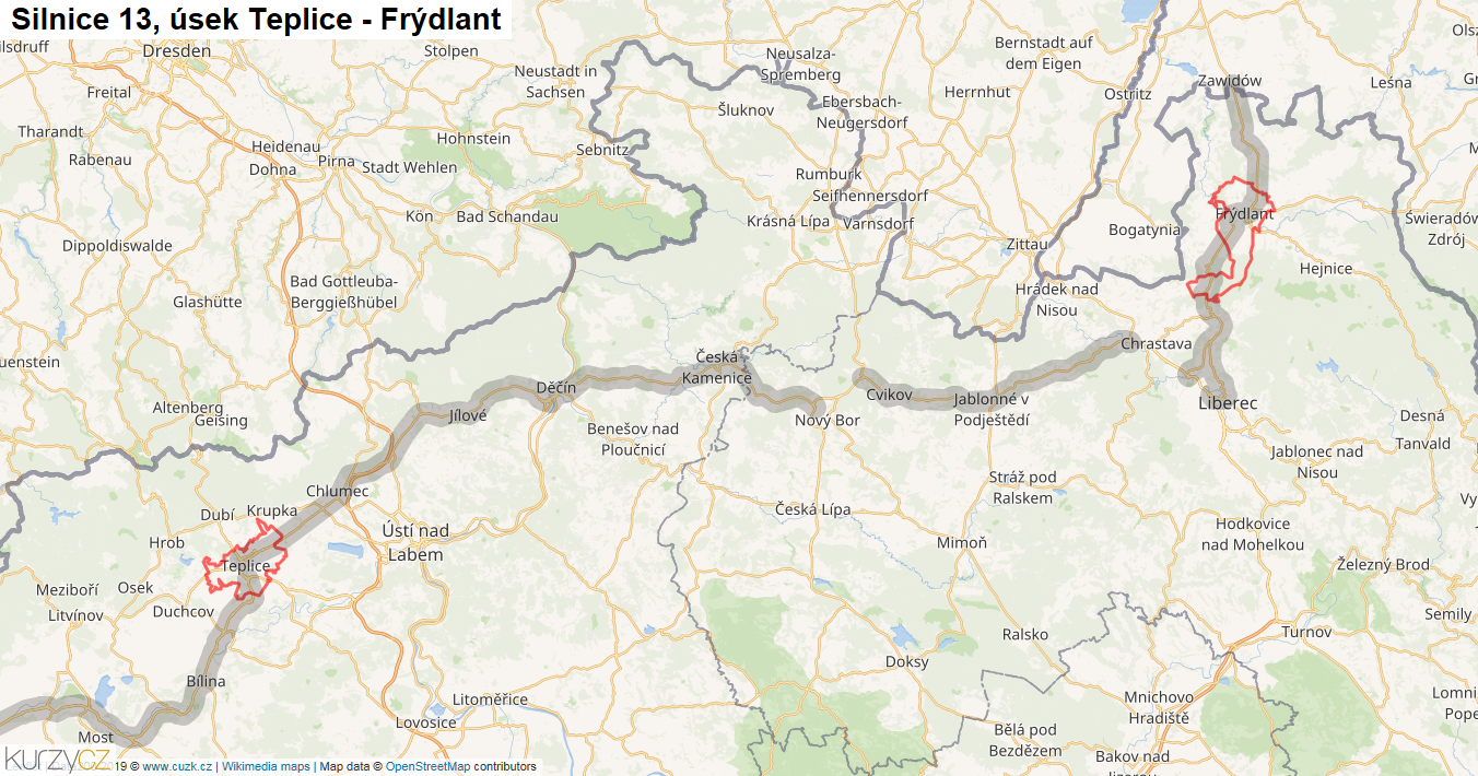 Úsek Teplice - Frýdlant, Silnice 13 - Mapa