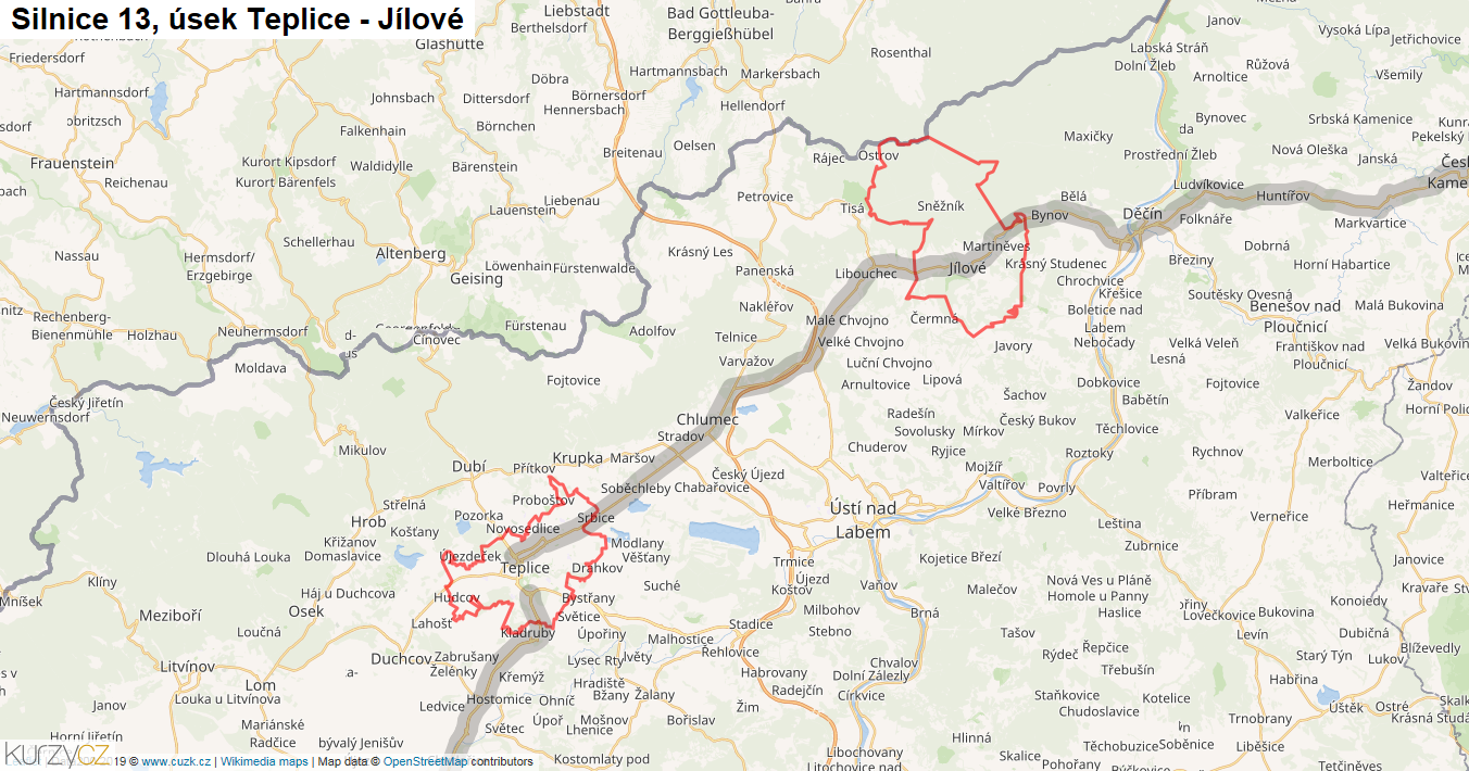 Úsek Teplice - Jílové, Silnice 13 - Mapa