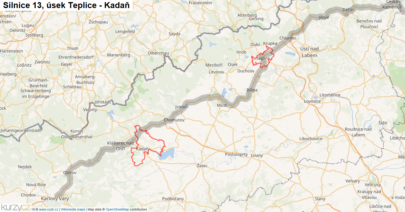 Úsek Teplice - Kadaň, Silnice 13 - Mapa