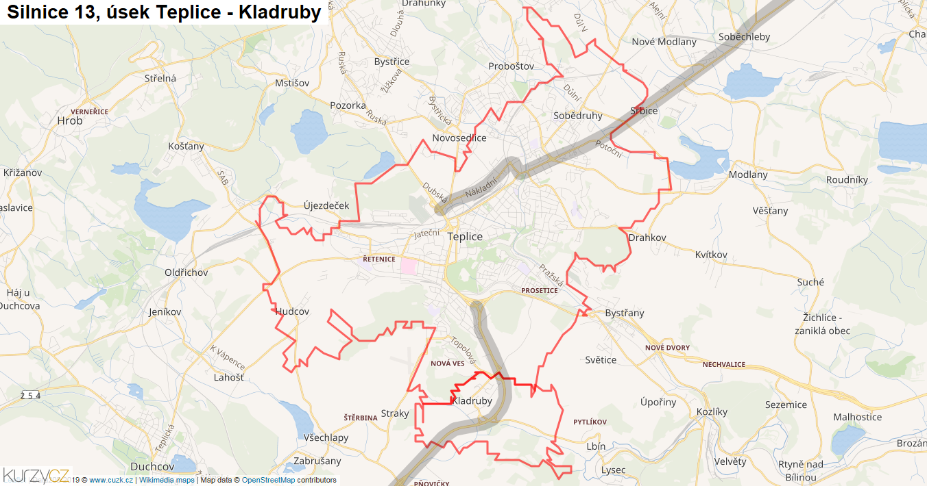 Úsek Teplice - Kladruby, Silnice 13 - Mapa