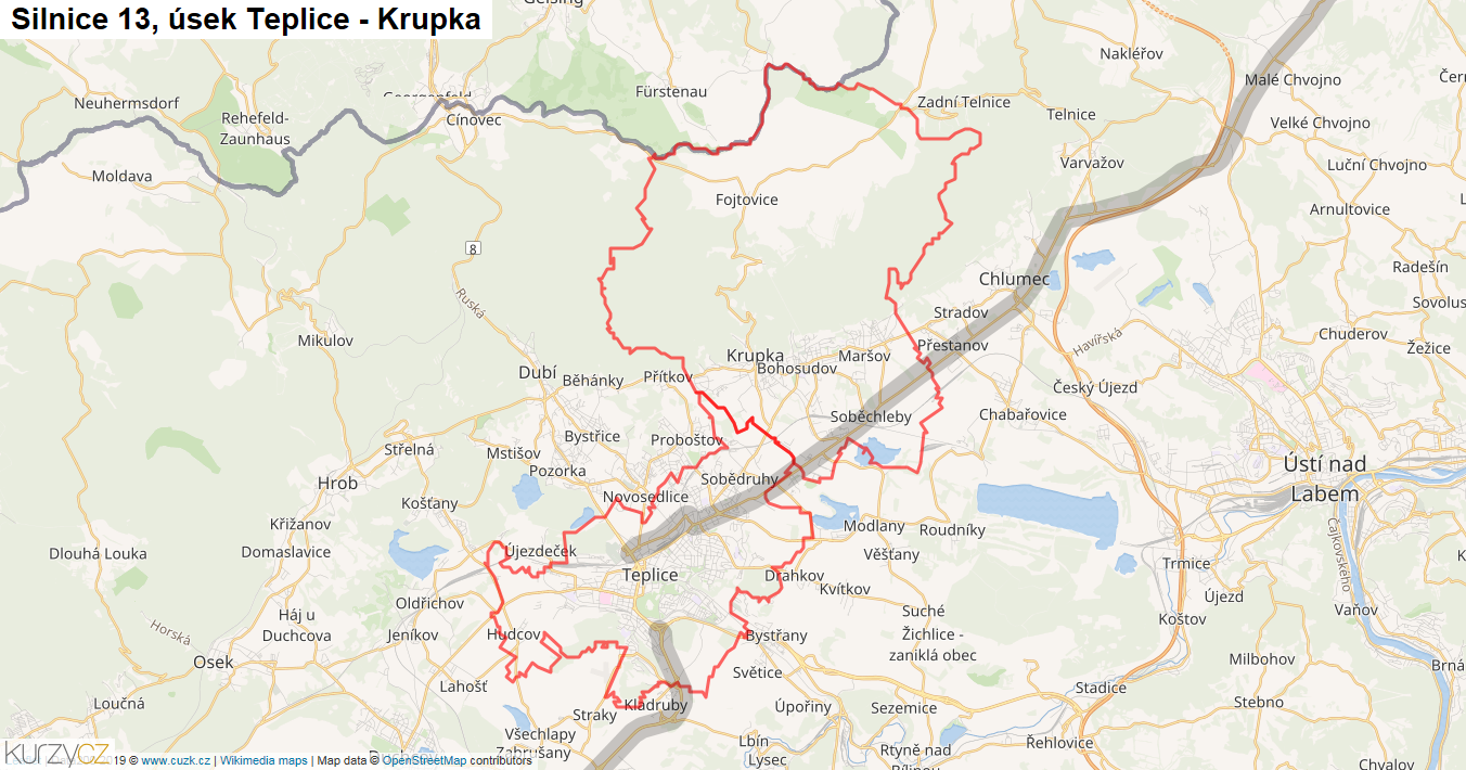 Úsek Teplice - Krupka, Silnice 13 - Mapa