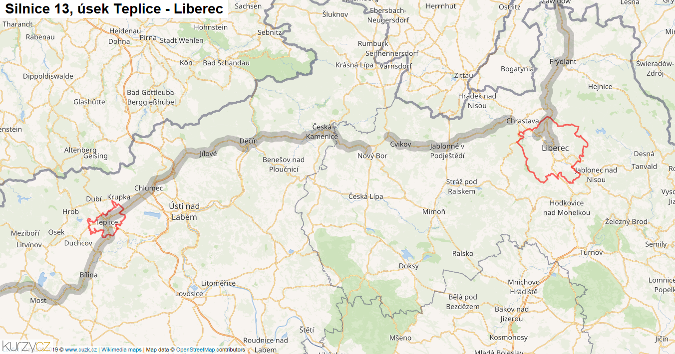 Úsek Teplice - Liberec, Silnice 13 - Mapa