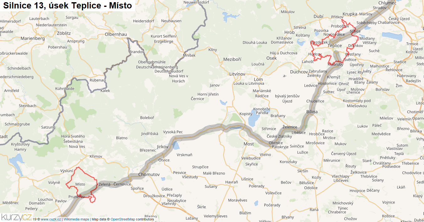 Úsek Teplice - Místo, Silnice 13 - Mapa