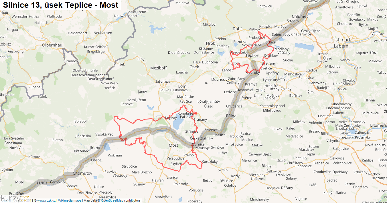 Úsek Teplice - Most, Silnice 13 - Mapa