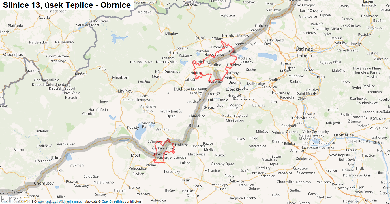 Úsek Teplice - Obrnice, Silnice 13 - Mapa