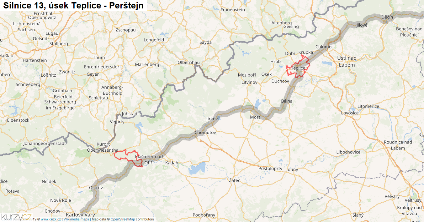 Úsek Teplice - Perštejn, Silnice 13 - Mapa
