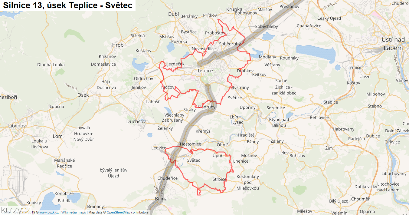 Úsek Teplice - Světec, Silnice 13 - Mapa