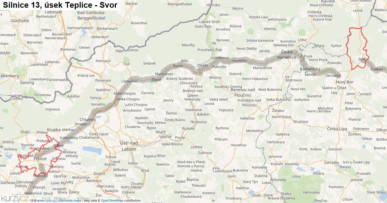 Úsek Teplice - Svor, Silnice 13 - Mapa