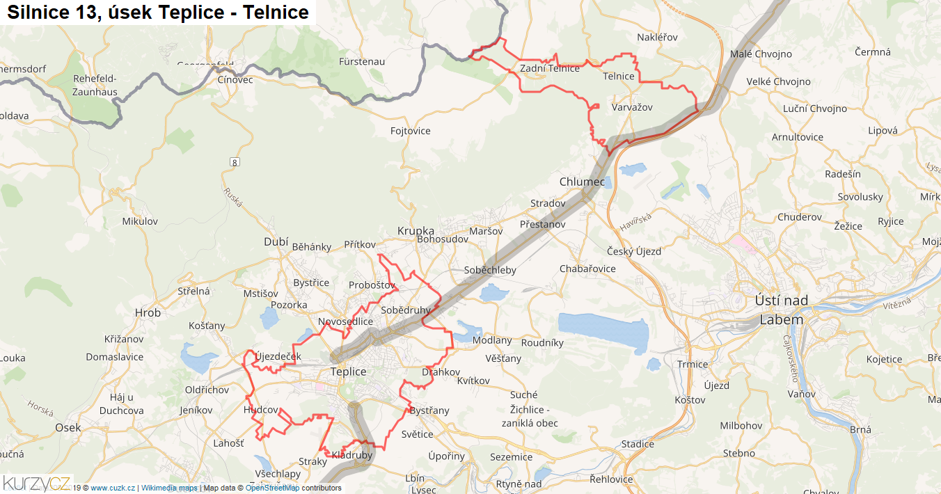 Úsek Teplice - Telnice, Silnice 13 - Mapa