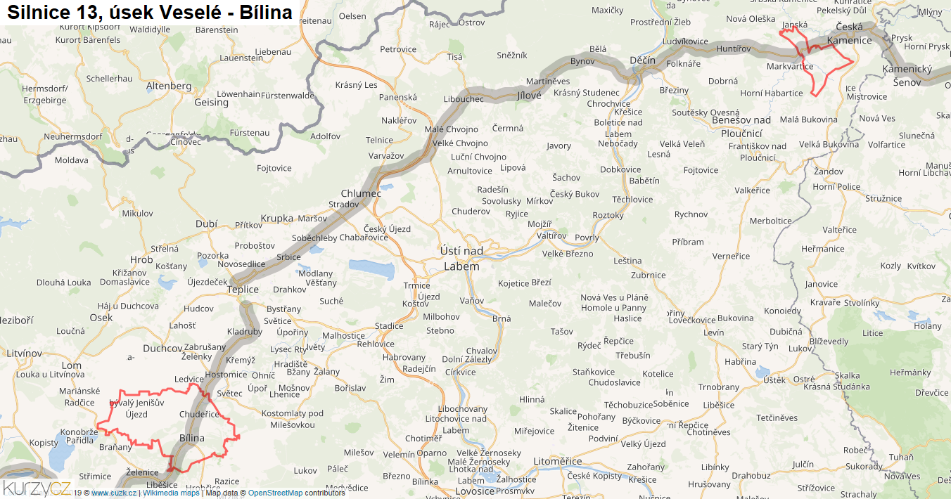 Úsek Veselé - Bílina, Silnice 13 - Mapa