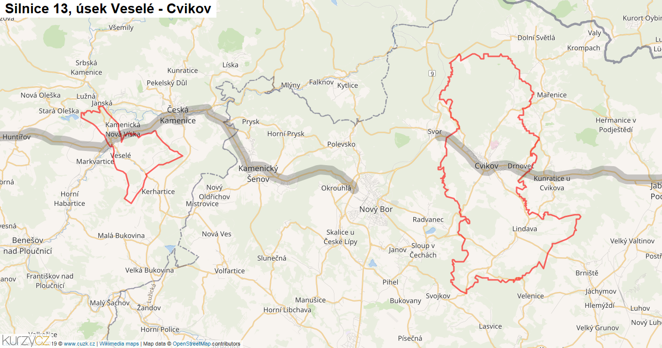 Úsek Veselé - Cvikov, Silnice 13 - Mapa