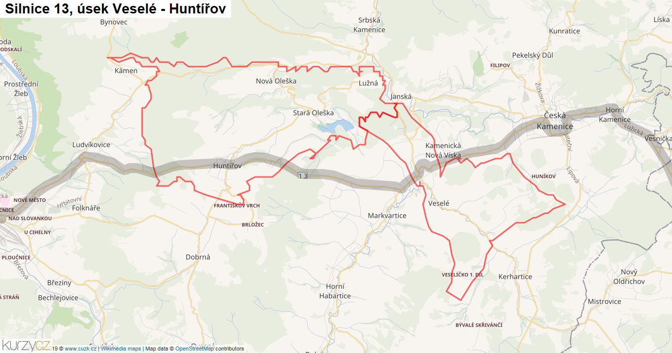 Úsek Veselé - Huntířov, Silnice 13 - Mapa