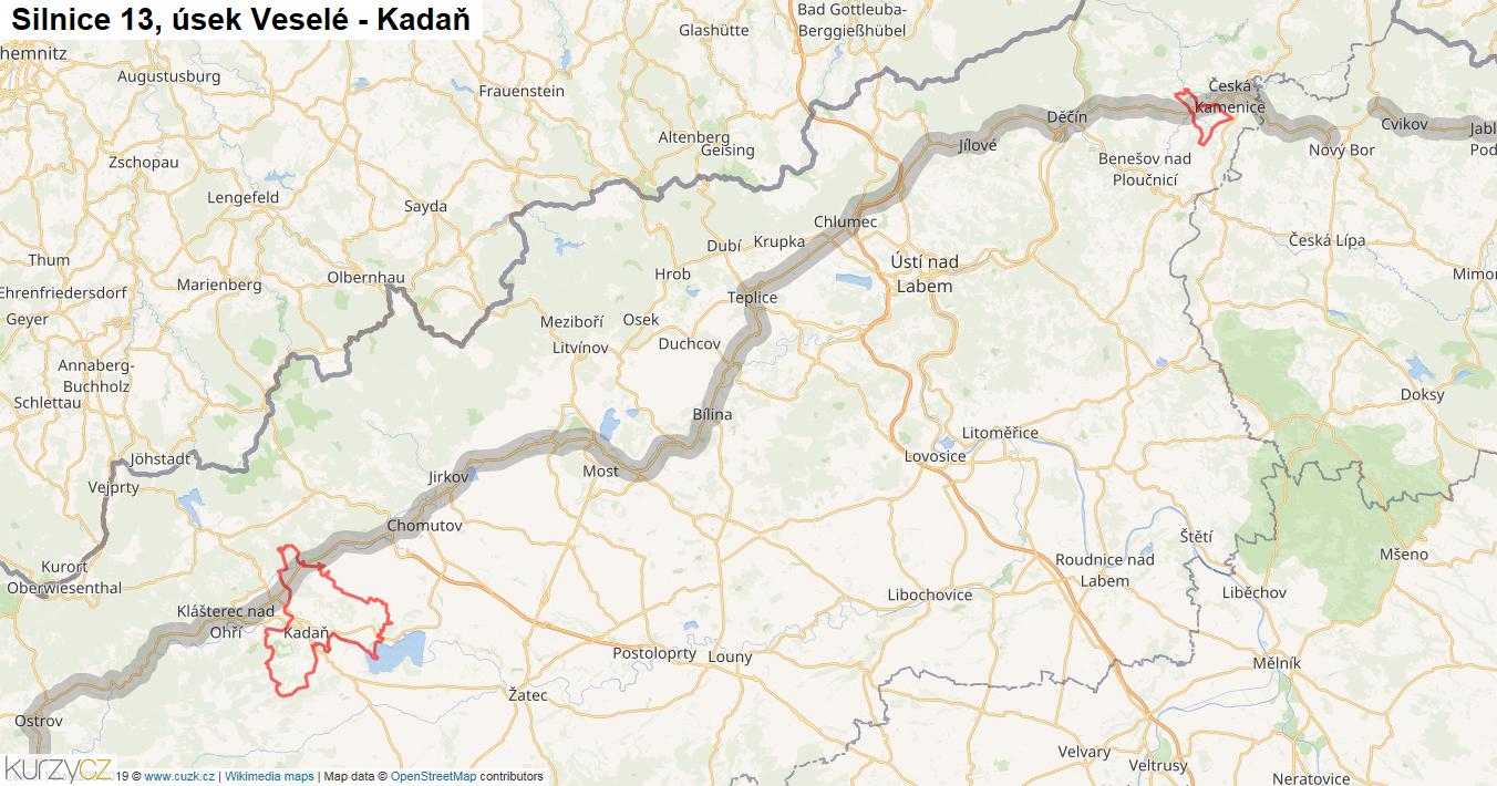 Úsek Veselé - Kadaň, Silnice 13 - Mapa