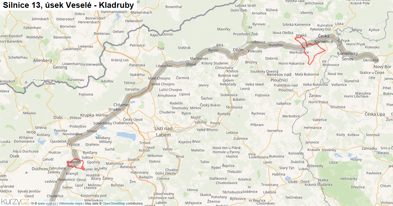 Úsek Veselé - Kladruby, Silnice 13 - Mapa