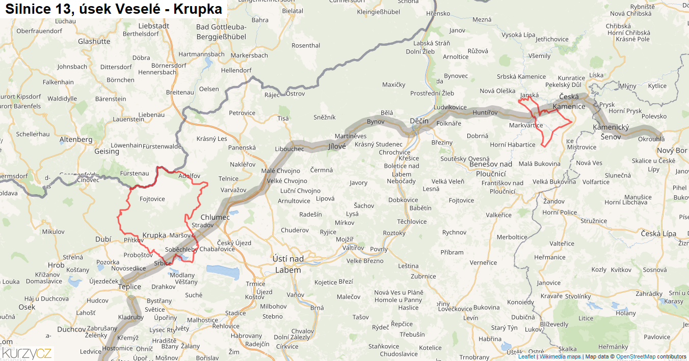Úsek Veselé - Krupka, Silnice 13 - Mapa