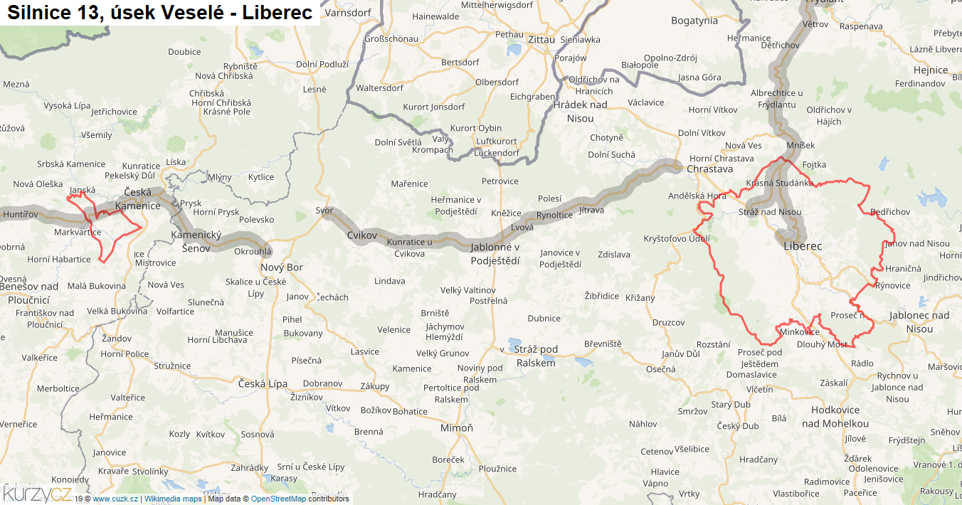 Úsek Veselé - Liberec, Silnice 13 - Mapa