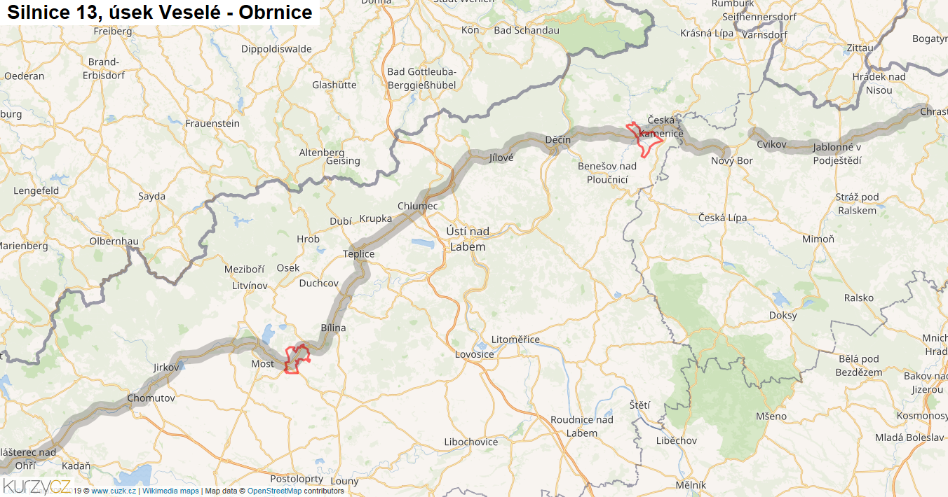 Úsek Veselé - Obrnice, Silnice 13 - Mapa