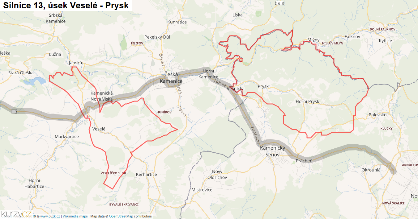 Úsek Veselé - Prysk, Silnice 13 - Mapa