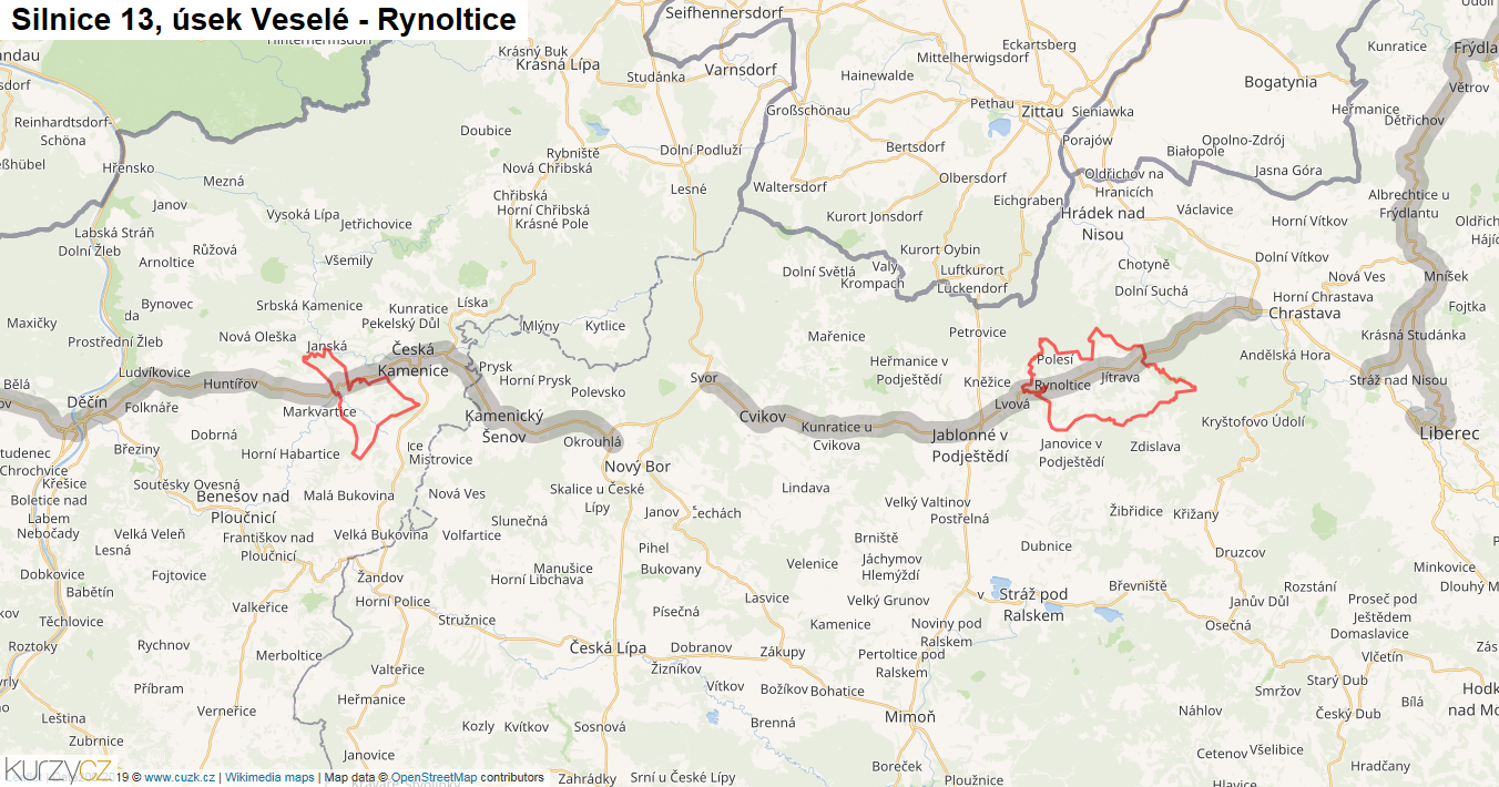 Úsek Veselé - Rynoltice, Silnice 13 - Mapa