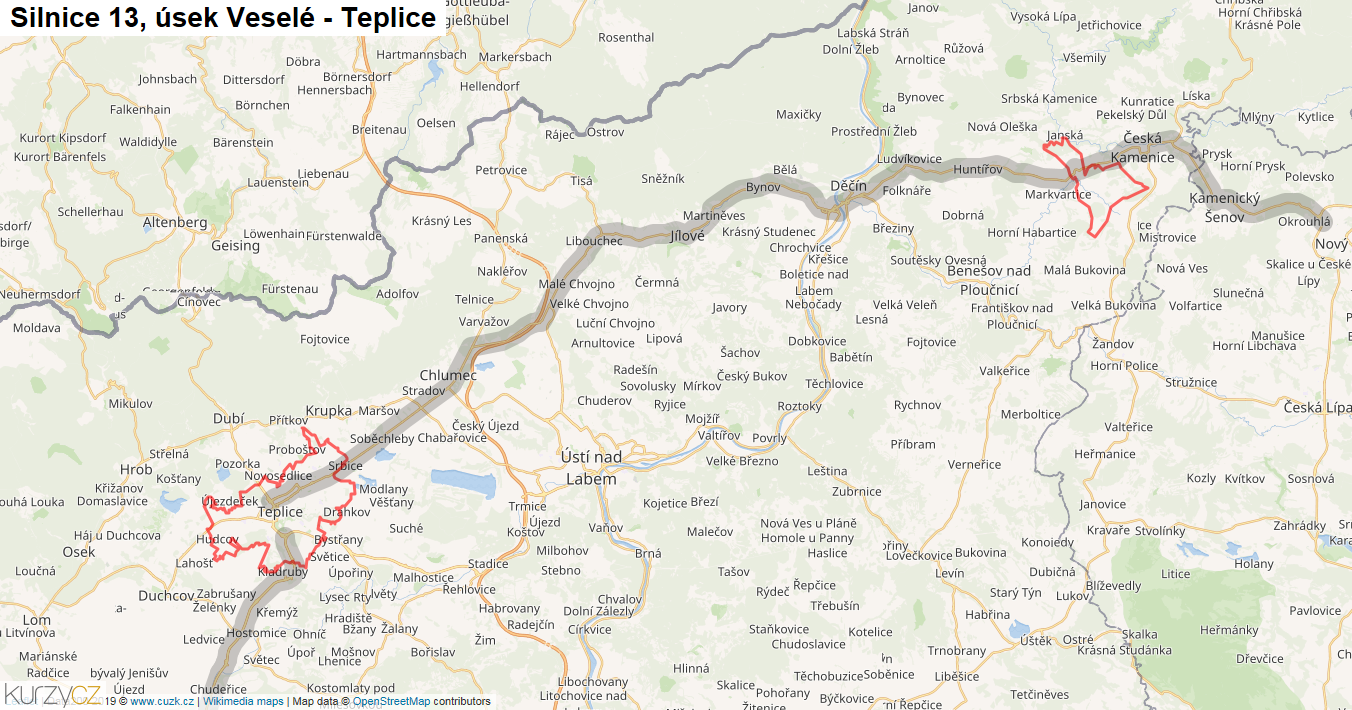 Úsek Veselé - Teplice, Silnice 13 - Mapa