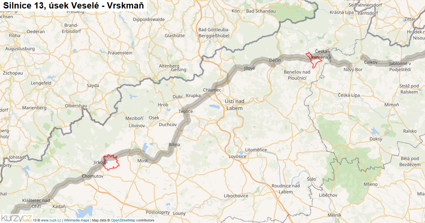 Úsek Veselé - Vrskmaň, Silnice 13 - Mapa