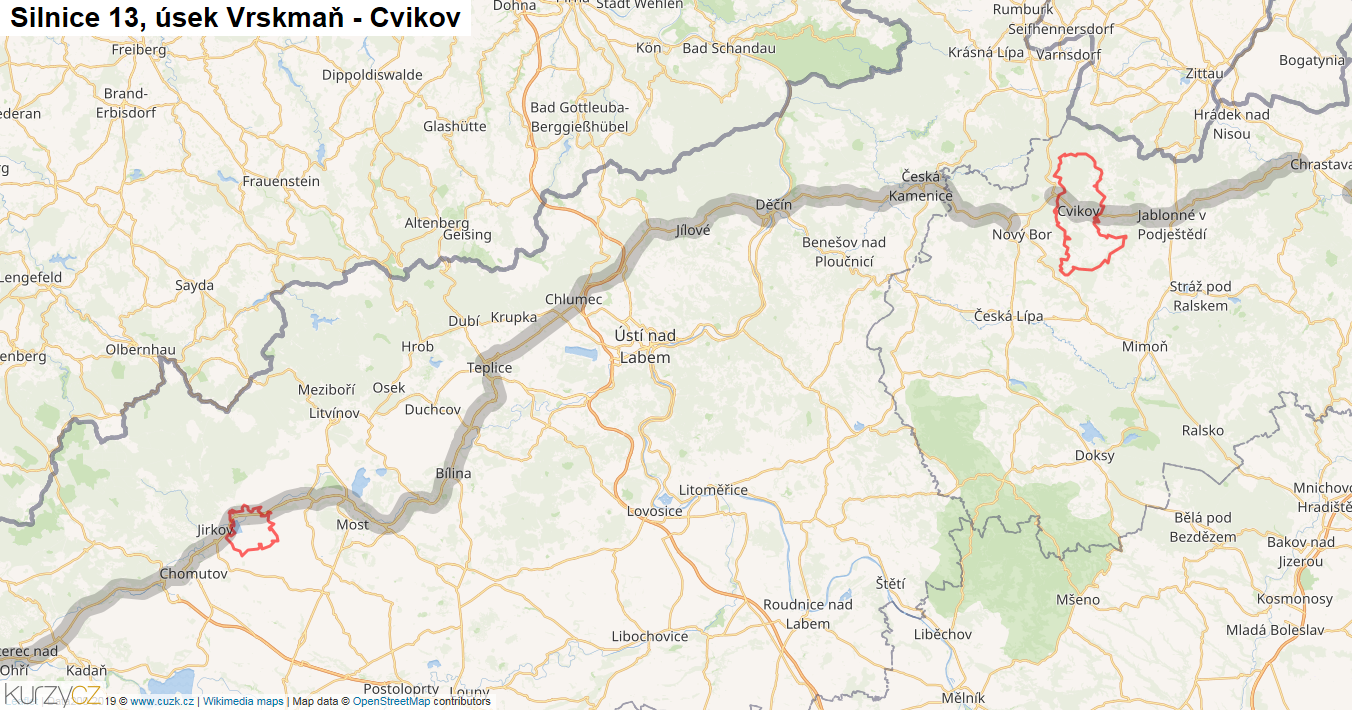 Úsek Vrskmaň - Cvikov, Silnice 13 - Mapa