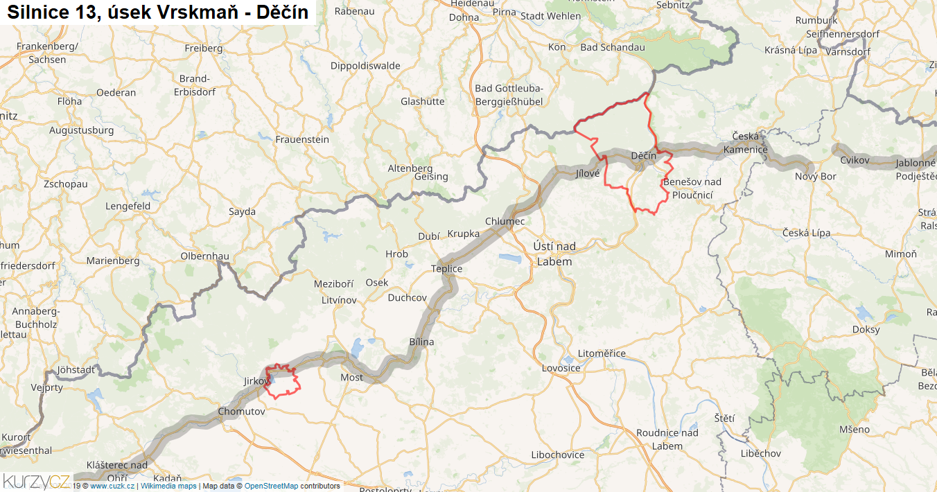 Úsek Vrskmaň - Děčín, Silnice 13 - Mapa