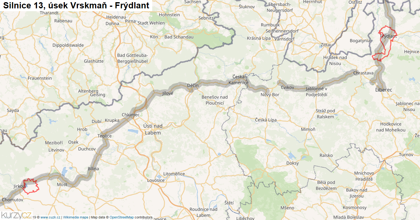 Úsek Vrskmaň - Frýdlant, Silnice 13 - Mapa